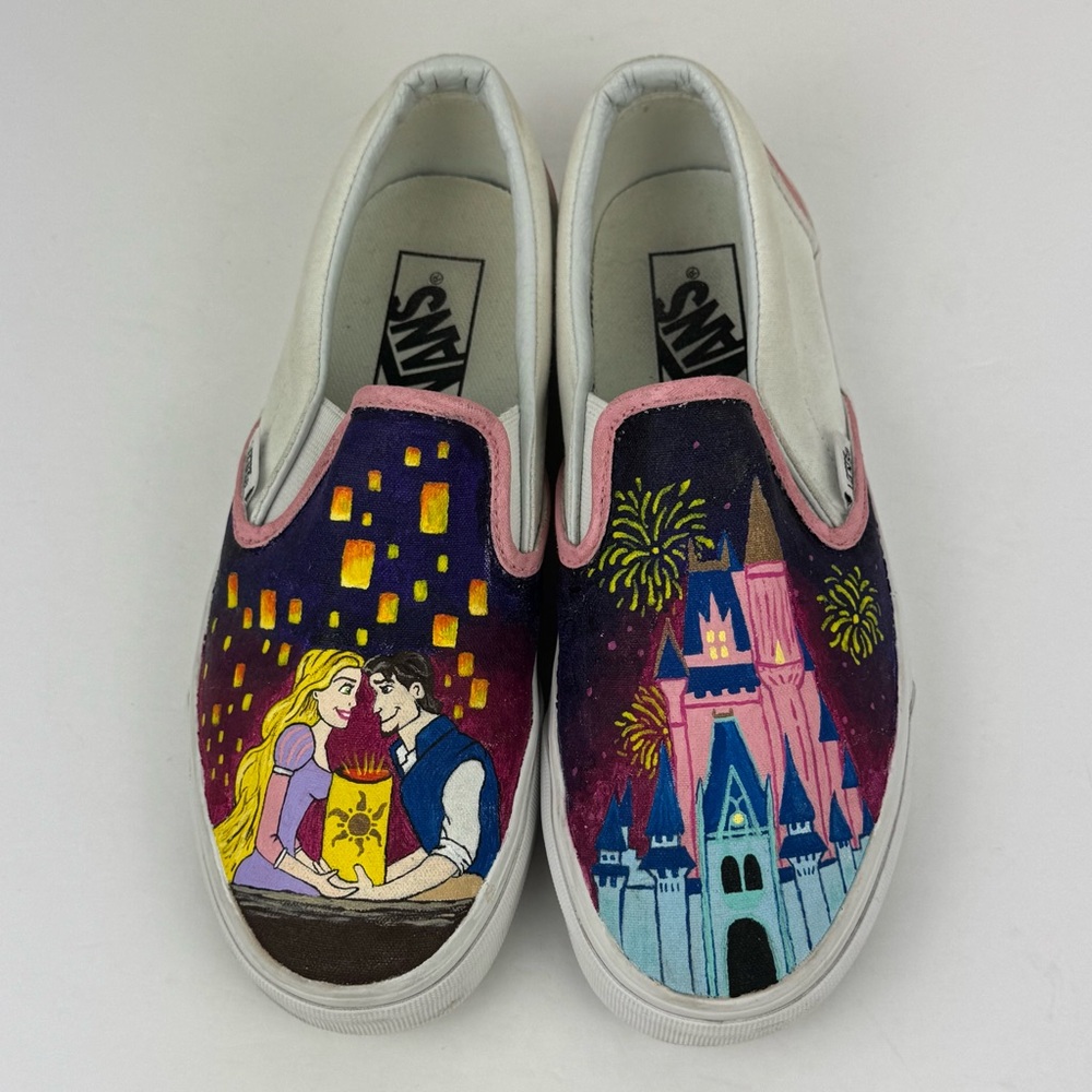Vans Tangled/ Rapunzel custom hand painted slip ons. Women’s size 6.5.